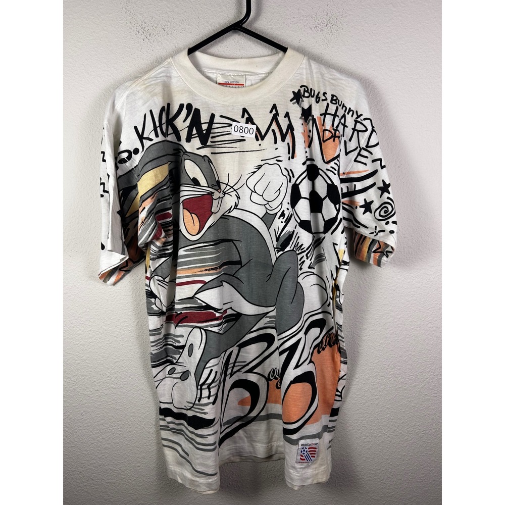 Vintage‎ 1991 World Cup USA 94 Bugs Bunny Soccer T-Shirt All Over Print Mens M